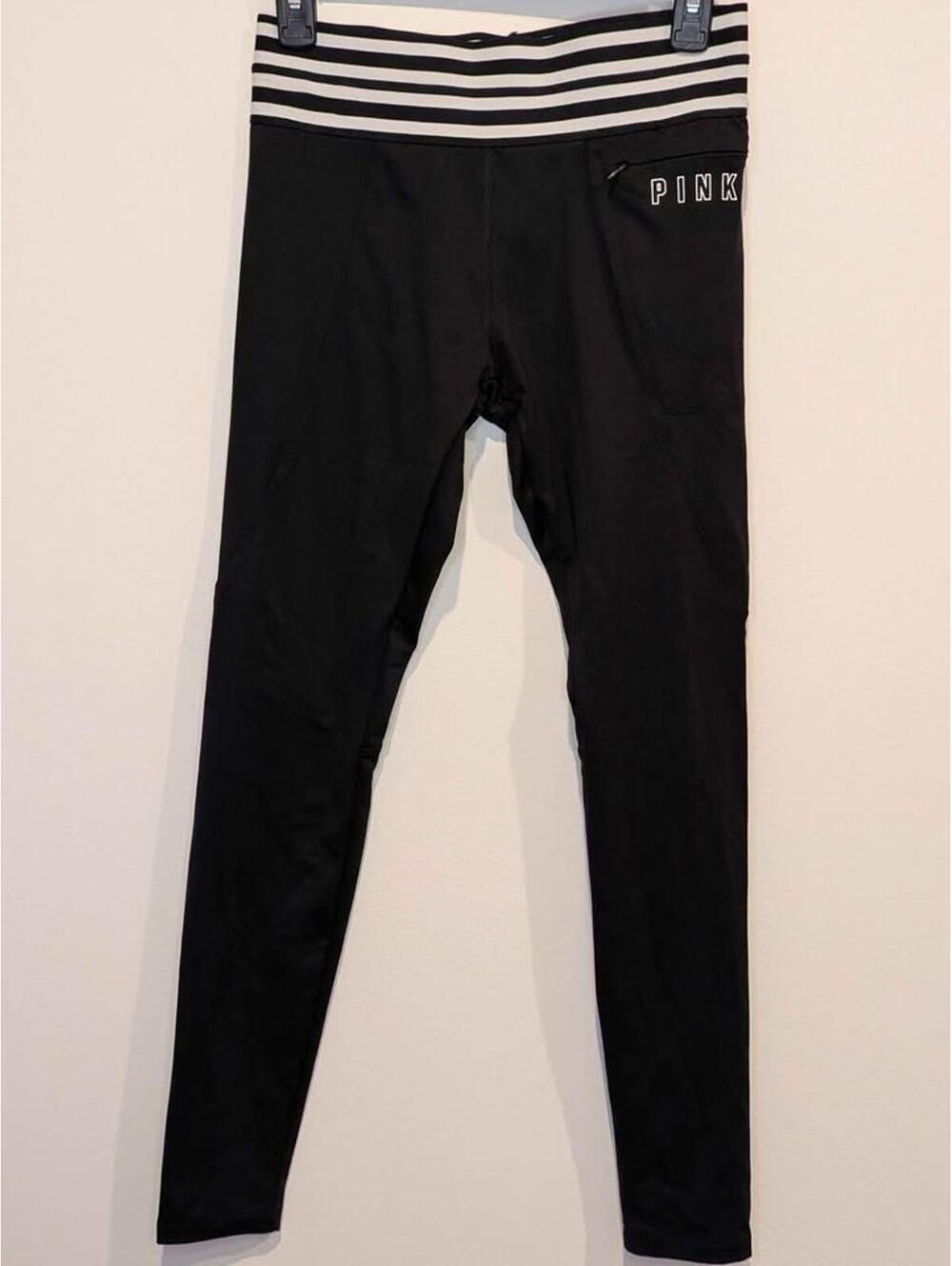 PINK Black Leggings Striped Waist Zipped Pocket